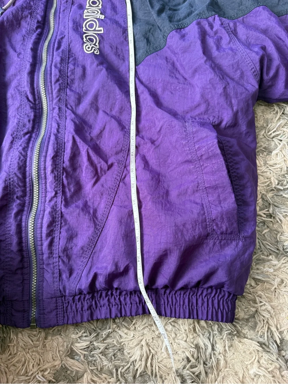 Vintage Adidas Trefoil Hooded Puffer Jacket Purple Black 90s Spellout Stripe L